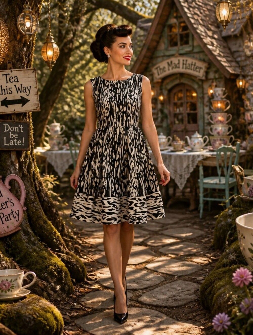 Ellen Tracy Black & Cream Printed Sleeveless Midi Dress
